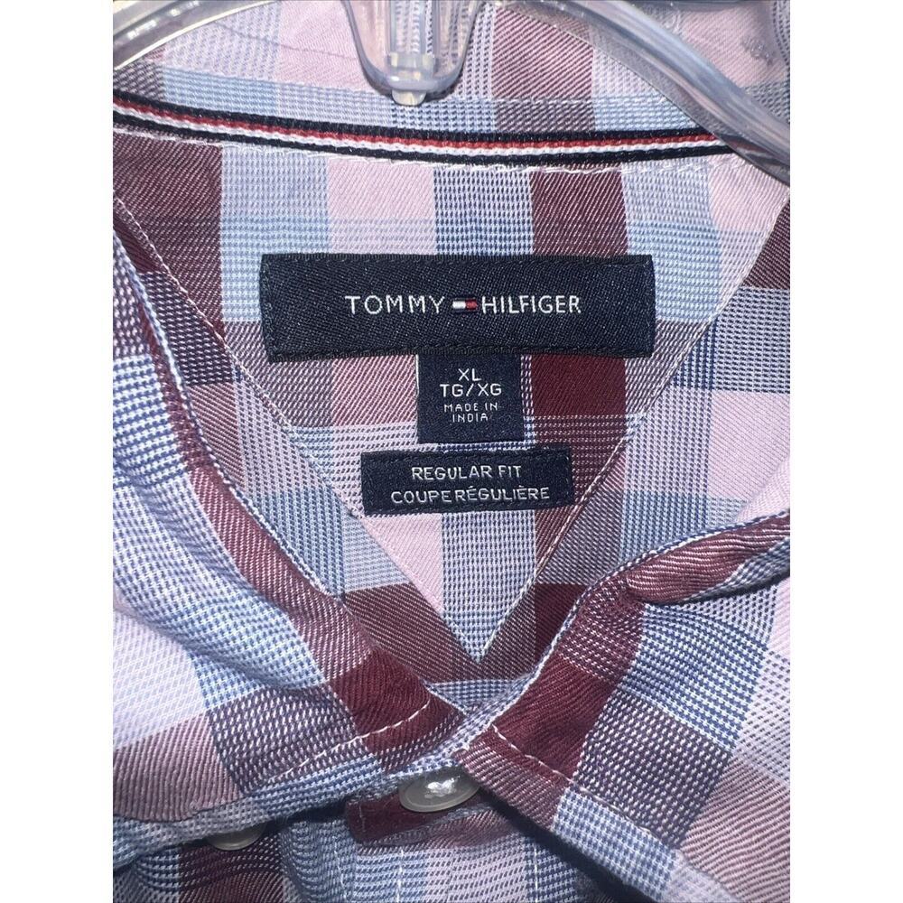 Tommy Hilfiger Mens Plaid Button Up Shirt Size XL Burgundy Pink Blue Long Sleeve - Picture 3 of 6